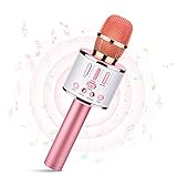 Kriogor Microfono Inalámbrico Karaoke, Micrófono Karaoke Bluetooth Portátil con Luces LED de Baile Compatible con Dispositivos Android e iOS para KTV en Casa/Fiestas/Canto de Niños (Oro Rosa)