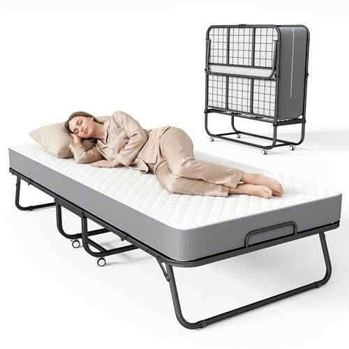 Superday Folding Bed with Mattress, 75” x 31” Portable Rollaway Bed, Twin Foldable Bed with 5