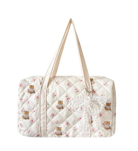 Rizzco Small Gym Bag for Women, Lightweight Travel Duffle Bag, Cute Kawaii Travel Weekend Bow Tote Bag with Ribbon Pearl Charm (White Bear)
