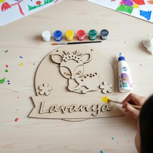 Image of Varenyam Personalized Wooden Name Plate Painting Kit for Kids | Creative Art & Craft Gift for Boys & Girls | with 6 Colors, Brush & Glue