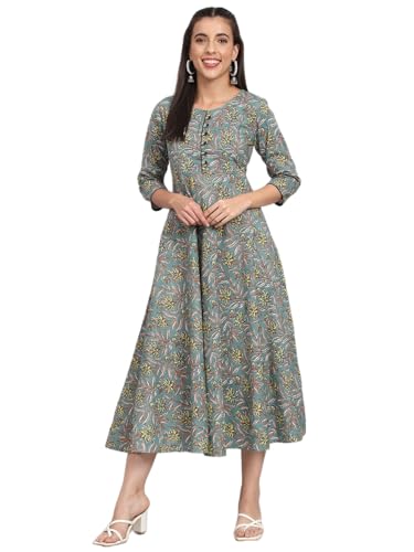 Image of Rapsodia Womens Cotton Green & Brown Floral Printed Flared Kurta