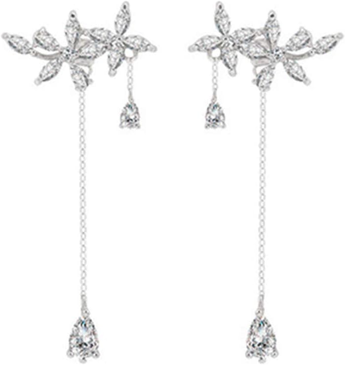 925 Sterling Silver Dainty CZ Flowers Wrap Earrings Dangle Chain for Women Elegant Dangling Earrings Bridal Earrings Wedding Engagement Drop Earrings Prom Engagement Party Jewelry