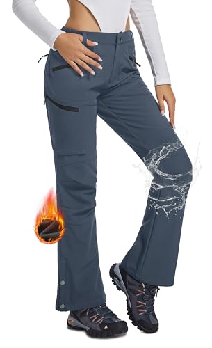 BALWUKO Women's Snow Ski Hiking Pants Waterproof Fleece Lined Softshell Insulated Winter Snowboarding Outdoor Flare Pants Cool Gray XS