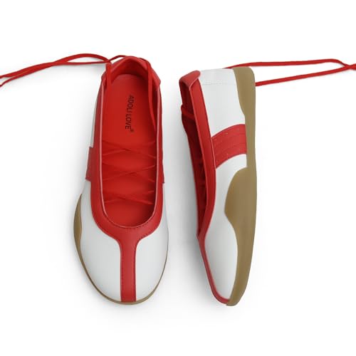 Adolilove Womens Sneaker Flats Comfortable Business Casual Lace Up Mary Jane Style Tennis Shoes with Ballet Inspired Design Lightweight Retro Fashion Walking Shoes Red 9.5