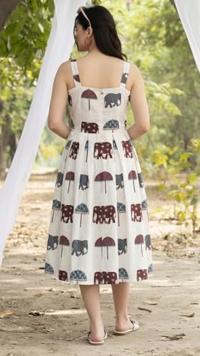 Image of Bollyclues Women's Cotton Printed Midi Dress | Sleeveless Square Neck Casual Summer Dress for Women | Stylish Vacation Dress