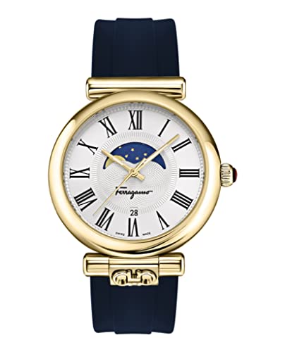 Ora Moonphase Collection Luxury Womens Watch Timepieces with a Blue Strap Featuring a Gold Case and a Silver Dial