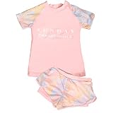 [Teddy] 水着 キッズ 女の子 セパレート 半袖ラッシュガード ショートパンツ 2点セット 露出控えめ kids424 (S, ピンク×パステル)