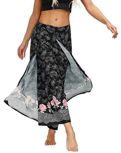 Newsite Womens Slit Wide Leg Pants Casual Beach Boho Baggy Yoga Print Hippie Bohemian Pilate Belly Dance Trousers,Grey Feather Floral,S/M #TOP30