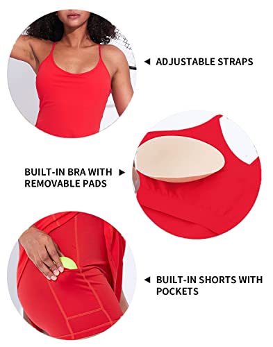 Women's Tennis Dress With Built-In Bra And Shorts, Sleeveless Exercise Workout Golf Athletic Dress With Pockets Red S #TOP5