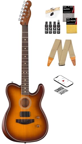 Fender Acoustasonic Standard Telecaster - Honey Burst Bundle with Strap, Guitar Cleaning Kit and Austin Bazaar Instructional Video
