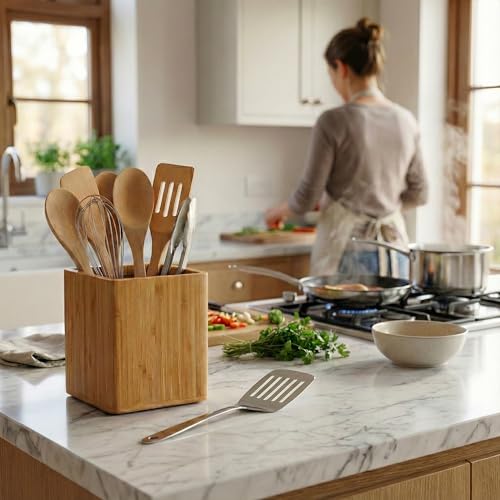 Dehaus® Large Wooden Utensil Holder, Bamboo Kitchen Utensils Holder, Countertop Utensil Pot, Cooking Utensils Organiser, 14 x 14 x 16.5cm (H) - Image 3