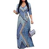 Vestido largo de manga con cuello en V y bolsillo para mujer, estampado largo, para fiestas, vacaciones, Blanco-4, XL