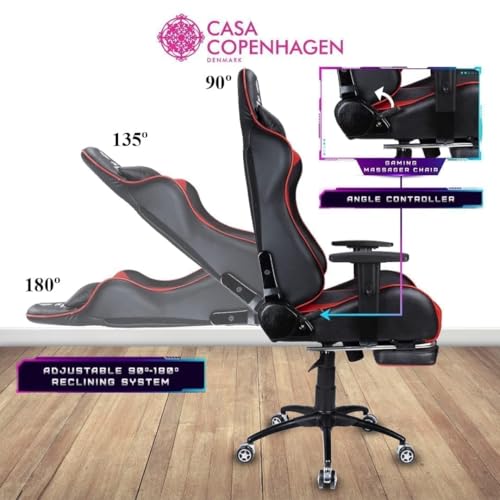 Image of Casa Copenhagen Designed in Denmark, High-Back Italian Leather Gaming Ergonomic Chair with Footrest, Luxurious Memory Foam Seating & Multi Function Arm - Ruby Red & Black
