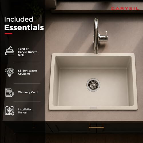 Image of Carysil MAGIC SALSA PRO Quartz Kitchen Sink 18 x 16 x 8 inches, Single Bowl, 80% Quartz & 20% Resin, Heat Resistant 300C, 50kg Load, Scratch & Stain Resistant, Granite Sink, SS Coupling - Champagne