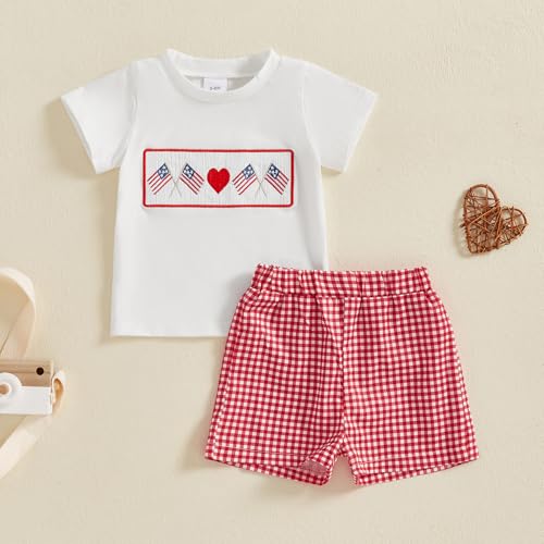 Image of 4th Of July Toddler Boy Outfit Popsicle American Flag T-Shirt and Gingham Plaid Shorts Set Independence Day Clothes
