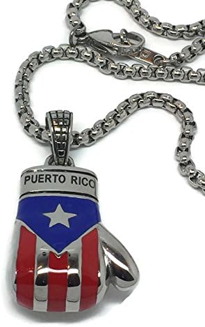 Papiichulo Puerto Rican Flag Boxing Glove Pendant with 24" Box Linked Stainless Steel Chain Necklace for Men (Red & Blue)