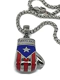 Papiichulo Puerto Rican Flag Boxing Glove Pendant with 24" Box Linked Stainless Steel Chain Necklace