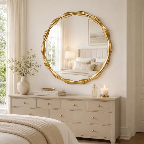 Image of Saliwa 27 Inch Round Gold Wall Mirror with Wood Frame, Modern Decorative Circle Mirror for Bathroom, Bedroom, Living Room, Entryway, Vanity, Dresser and Home Decor