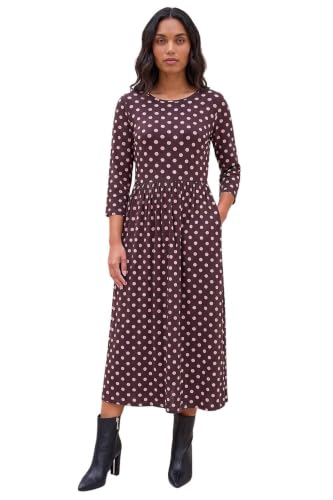Image of Roman Originals Midi Dress with Pockets for Women UK Ladies Stretchy Jersey Maxi Long 3/4 Length Sleeve Gathered High Waist Boho Flattering Skater Swing Fit Flare - Polka Dot Pink - Size 16