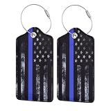 2 Pack Luggage Tags for Suitcases, PU Leather Bag Tag with Privacy Cover Address Card Travel Essentials-Blue Line American Flag