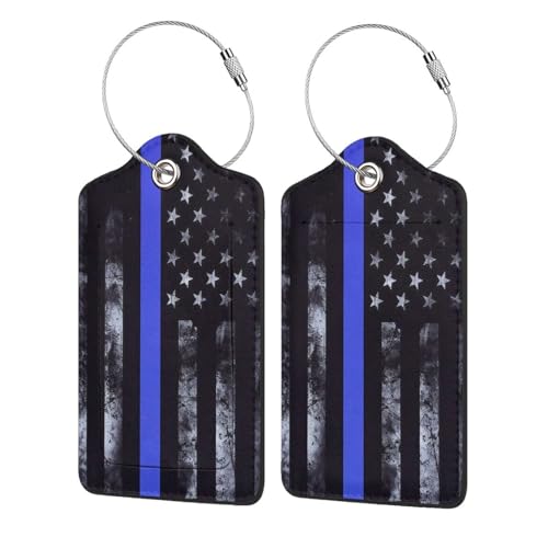 2 Pack Luggage Tags for Suitcases, PU Leather Bag Tag with Privacy Cover Address Card Travel Essentials-Blue Line American Flag