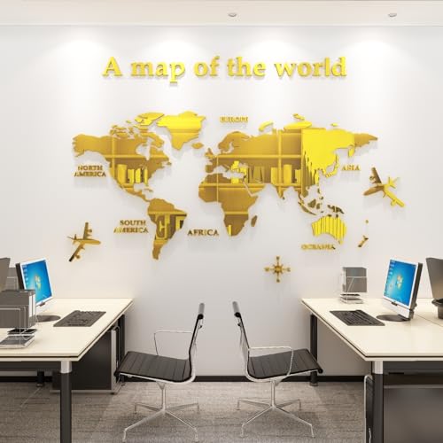 WINDIR 3D World Map Wall Stickers Decor Murals DIY Decal Golden 71x40 inch, Acrylic Office Wall Art Decor Bedroom Living Room TV wall (Golden: 180x100 cm) Large