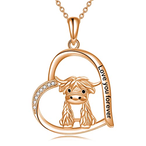 Collar de vaca de tierras altas plata de ley mujer colgante vaca dorada rosa joya animal