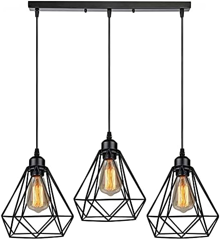 LEDSone Vintage Industrial 3 Head Black Light Shade Retro Style Metal Ceiling Pendant Lamp with 50cm Ceiling Rose for Kitchen Island Living Room Dining Room E27 UK