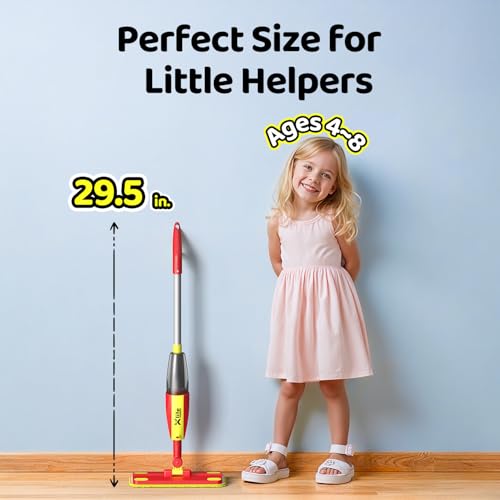 Xlife Kids Spray Mop Set - Montessori Toy for Ages 4-8 Real Water Sprayer & Sweeper Combo, Pretend Play Housekeeping Kit, Washable Pads (Red) - Thumbnail 4