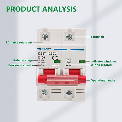 Wengart Miniature Circuit Breaker DZ47-125, 2P 500V 125A, Solar PV System Isolator, DC Disconnect Switch, DIN Rail Mount - Image 2