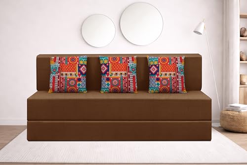 Image of Rosebell Three Seater Foldable Sofa Cum Bed (5x6 Feet) ? Jute Fabric, Washable Removable Cover, Includes Cushion | Space Saving Convertible Sofa Bed for Home, Office & Guests - Brown