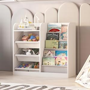 White Kids Wood Bookshelf Toy Storage Box Organizer Shelf W/4 Removable Plastic Toy Bin Children Bookcase Toddler Baby Sling Book Rack Cabinet Girl Boy Gift Playroom Bedroom Nursery Classroom Library