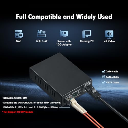 Image of 10G Fiber Media Coverter, 2 Port 10 Gigabit Binardat Ethernet Switch, 1 x 10G RJ45 Port, 1 x 10G SFP Port, Mini Metal Case Fanless, Unmanaged Plug and Play