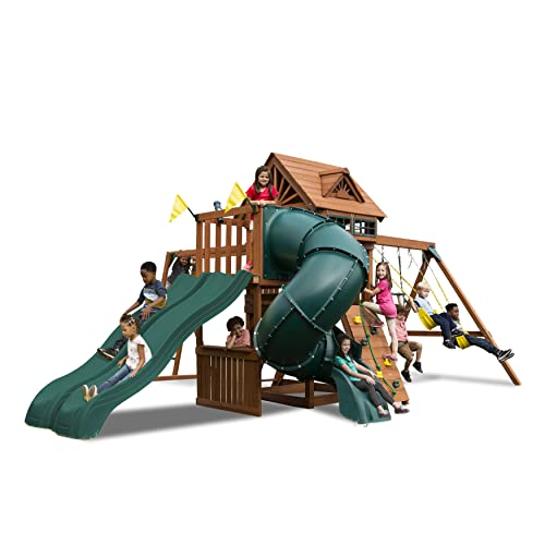 Gorilla Playsets 01-1109 Highlander Swing Set With Three Slides, Climbing Wall And Wood Roof (Amazon Exclusive), Cedar #TOP2