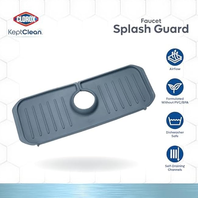 Clorox KeptClean Kitchen Faucet Splash Guard ¨C Easy-to-Install, Water-Resistant Protection for Faucets and Sink Area, Self-Draining Channels Direct Water Into Sink ¨C Steel Blue