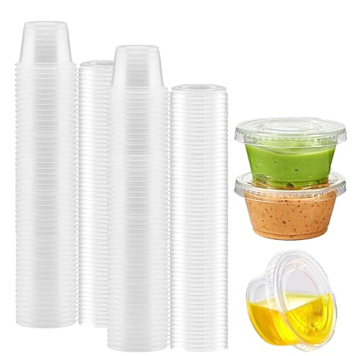 YFHUVB 100 * 1oz Sauce Pots With Lids, 25ml Round Food Container Pots With Lids, Small Plastic Containers With Lids Pots Reusable Jelly Pots For Sauce Dips Salads, Leakproof