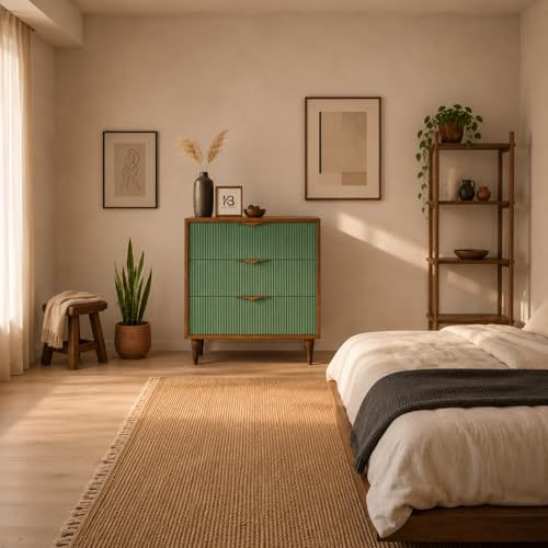 Image of Solid Wood Rodondo Chest of Drawers | Drawer Chest with 3 Drawers | Wooden Drawer Storage Cabinet | Finish- Premium Olive Green and Light Brown