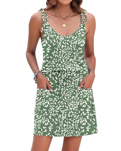 Image of AUSELILY Womens Summer Dresses Sleeveless Spaghetti Strap Beach Cover up Drawstring Waist Mini Short Dress with Pockets