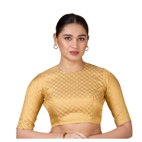 Image of Studio Shringaar Women Brocade Silky Jewel Neck Readymade Elbow Length Sleeve Saree Blouse