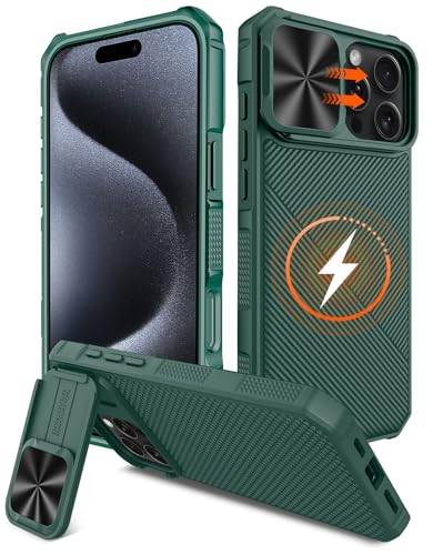 Coque iPhone 16 Pro Max magnétique antichoc et étui vert avec support pliable