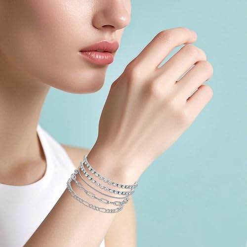 34 Pcs Silver Jewelry Set for Women Layered Bracelets Ball Dangle Hoop Earrings Stackable Knuckle Rings Set Dainty Adjustable Necklaces Valentine Anniversary Trendy Party Costume Accessories Jewelry4