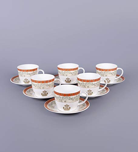Image of Bone China Premium Royal Cups and Saucers - White /Red 200 ml - Coffee Mugs Set of 2 - Pack of 12 - Elegant Gift for Coffee Mug Lovers - Ideal for Women & Men