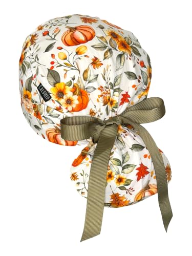 Image of Scrub Cap for Women and Men, Ponytail Scrub Caps, Working Hat, Head Cover with Ribbon Ties and Buttons, Long Hair