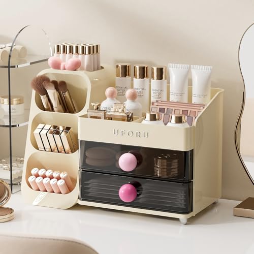 Image of UFORU Makeup Organizer for Vanity with Brush Holder, Large Capacity Bathroom Countertop Skincare Organizer with 2 Drawers, Cosmetic Display Case for Perfumes, Eyeshadow Palettes, Nail Polishes