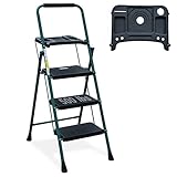 HBTower 3 Step Ladder with Tool Tray, Folding Step Stool with Wide Non-Slip Pedal and Comfort Handgrip for Household and Office, Lightweight 500lbs Capacity Step Ladder, Green