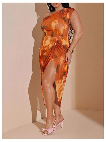 Image of Floerns Women's Plus Size Asymmetrical Neck Long Dress Ruched Slit Hem Cocktail Dress