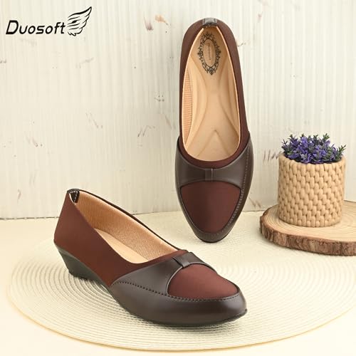 Image of Duosoft Women's Comfort Slip-On Loafers, Black Leather, Low Wedge Heel Bellies Dw-204-Brown