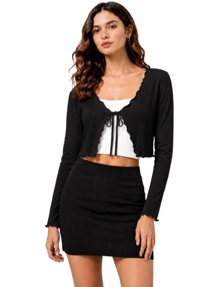 Women's Ribbed Crop Cardigan, Long Sleeve Tie-Front-image-8