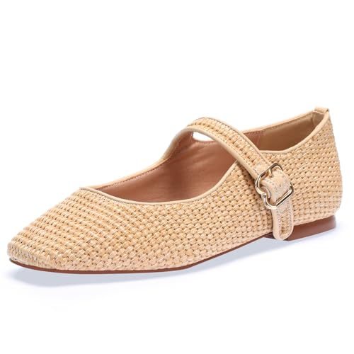 Raffia Mary Jane Flats Women, Woven Ballet Flats with Strap Closed Square Toe Flat Shoes for Daily Casual Dress