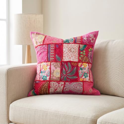 Image of Ravaiyaa - Attitude is everything Set of 5 Handmade Khambadiya Patchwork Cotton Cushion Cover 16X16 Inch | Decorative Cotton Throw Pillow Covers | Bohemian Vintage Embroidered Sofa Cushions